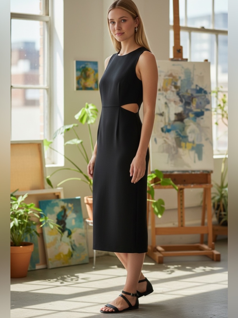 Nine West Black Sleeveless Sheath Dress w Waist Cutouts Linen/Viscose Blend L